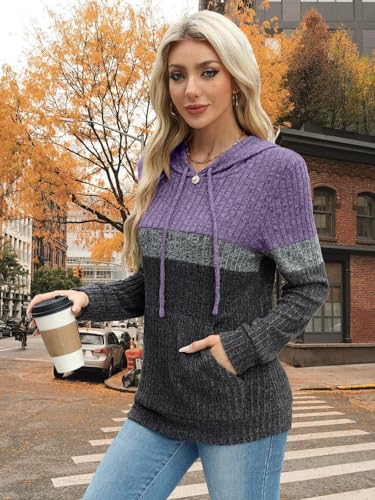 MixShe Women’s Color Block Knit Hoodie – Casual Long Sleeve Pullover Sweater Tops with Pocket