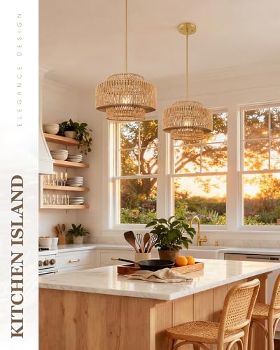 Image of 12.5 inch Gold Boho Rattan Chandelier, 3-Tier Hand Woven Shade