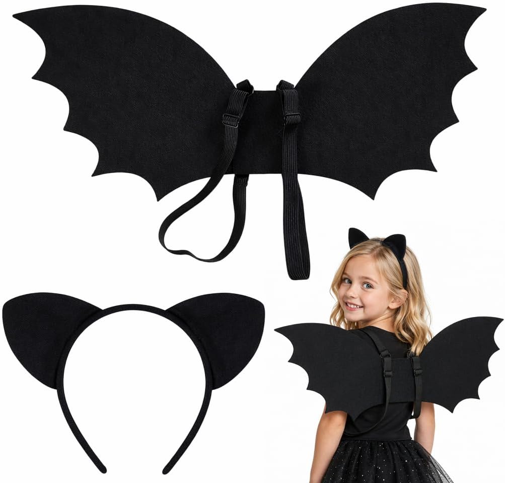 Bat Wings Costume Set with Bat Ears Headband, Halloween Dress Up Accessories for Girls, Bat Costume for Toddlers and Kids, Bat Wings for Costume Parties and Role Playing Activities Black