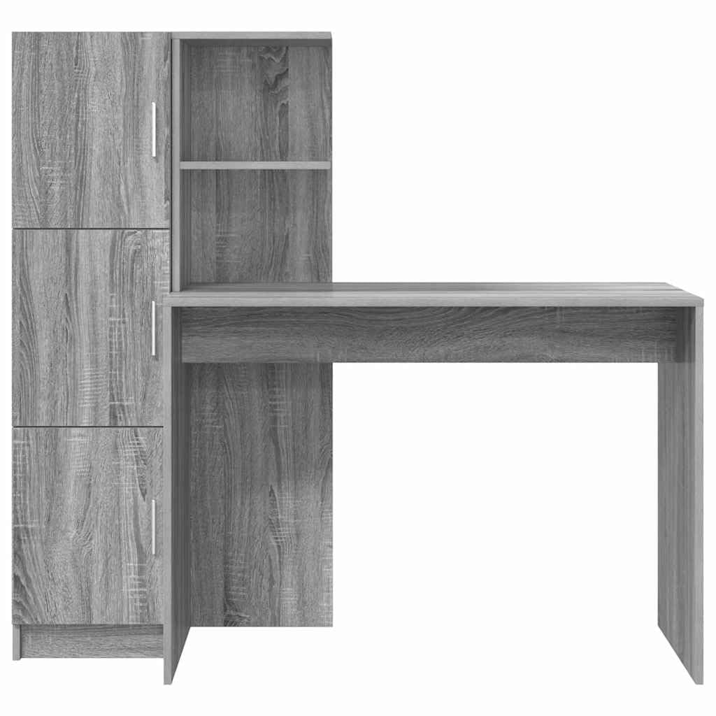 Scrivania Porta PC con Mobiletto, Set da 2 Pezzi Grigio Sonoma | Ideale per studio e ufficio, questo set include uno scrittoio con scaffali e un mobiletto a tre ante.