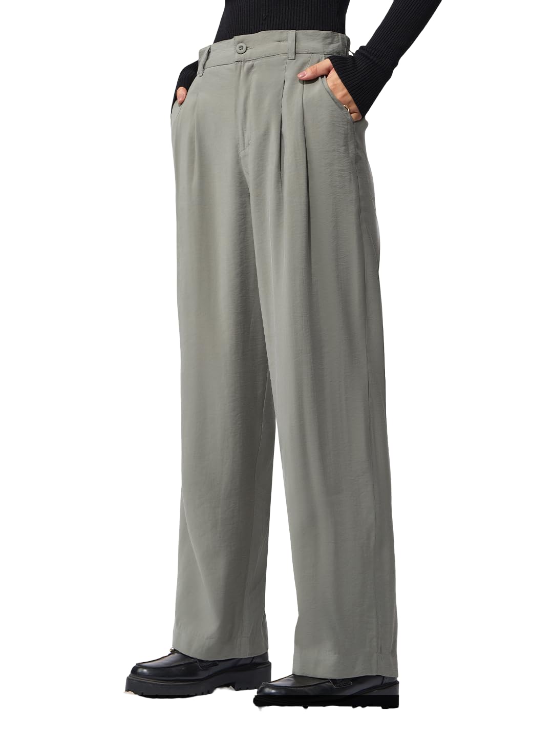 the souled store Pleated Trousers: Ice Grey Women Girls Buttoned Waistband Solid Viscose Blend Straight Fit Lightweight Crinkled Surface Casual Formal Pants-picture-47