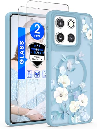 Yucenx for Motorola Moto G Stylus 5G 2025 Floral Phone Case with 2X Screen Protector, Military Grade Magnetic Translucent Matte Girls Women Flower Pattern Protective Cover (Blue)