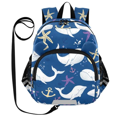 Starfish Whales Navy Blue Toddler Harness Backpack for Boys Girls 3-6 Years Kids Backpack with Anti Lost Safety Leash Baby Harness Bookbag for Travel Walking Preschool