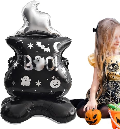 Image of AMFIN (Pack of 1) 44 Inch Halloween Boo! Balloon Giant Self-Standing Foil Cauldron Balloon with Ghost & Pumpkin Design - Inflatable Party Decoration for Haunted House, Yard & Photo Booth - Black