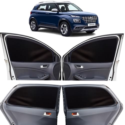 Image of OTO2EYE Car Sun Shade Compatible for Hyundai Venue Model 2019 to 2022, Z-Black Super Magnetic Grip, Front Window Zipper, Side Window Curtains, 4 Pieces Set
