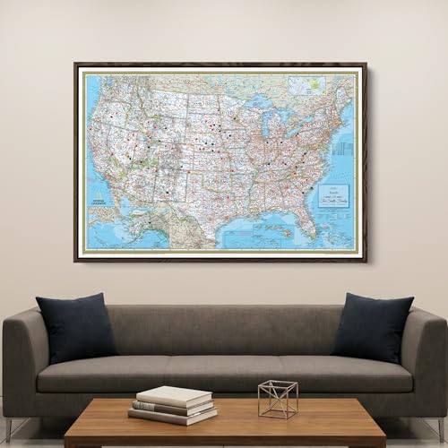 Image of National Geographic Classic USA Map with Pins - Personalized United States Travel Map Canvas - Oversized Framed Wall Decor - Brown Float Frame - 34 inch x 51 inch