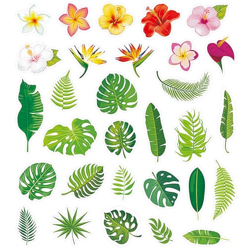 Lucleag 600 PCS Tropical Flowers and Leaves Stickers for Kids Palm Leaf Hibiscus Flowers Stickers for Crafts Hawaiian Tropical Leaves Stickers for Summer Party Decorations