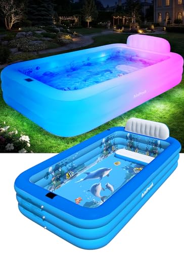AixPool Extra Large Inflatable Pool with Lights,Upgraded Solar Powered Blow Up Pool for Adults,Inflatable Kids Swimming Pool with Seat& Backrest,Big Inflatable Kids Pool for Backyard,120x73x20IN-Blue