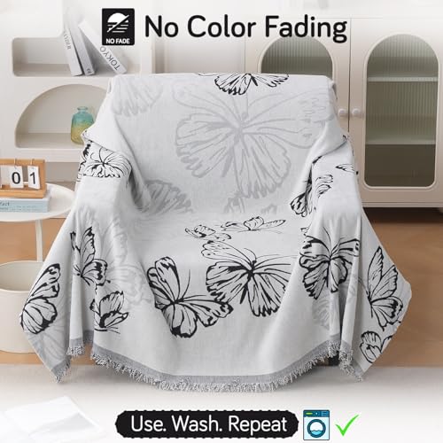 Image of HOKIPO Premium Chenille Printed Sofa Cover Throw Blanket 320 GSM for 1 Seater - All Season Use, 'Serene Abode Series' Monochrome Butterfly (180x180 cm) (AR-6631-D8)