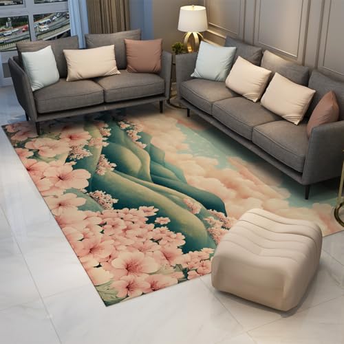Tapis fleurs de cerisier lavables pour corriger une déco de sol terne