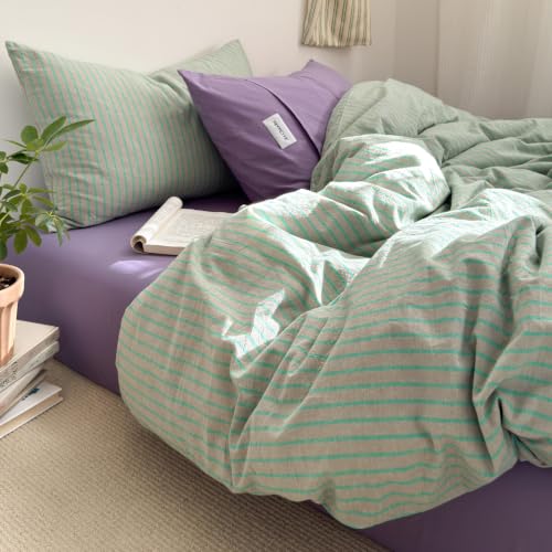 Image of Striped Duvet Cover Set Washed Cotton,King(104 inchx90 inch),Pinstripes Green