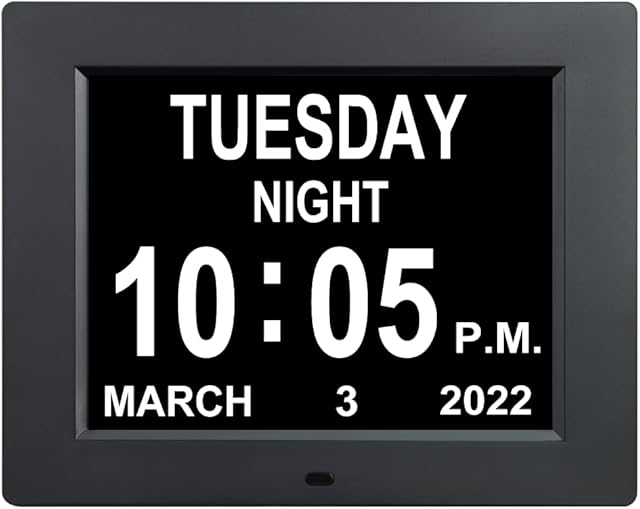 Calendar Day Date Time Clocks 12 Alarm Reminders Auto-Dimming Extra Large Non-Abbreviated Digital Day Month Dementia Clock for Senior Elderly Memory Loss Vision Impaired(8 inch)
