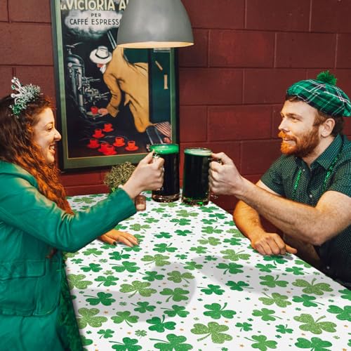 Image of Gistome 3-Piece 54 x 108 Inch St. Patrick's Day Shamrock Plastic Tablecloth - Green Lucky Clover Design Table Cloth, Disposable Rectangle Table Cover for St. Paddy's Day, Irish and Spring Decorations