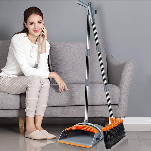 Image of Rubber Super Long Handle Lobby Brooms, Self-Cleaning Broom And Dustpan Set With Dust Pan Teeth For Home, Kitchen And Office Use (Grey And Orange), Hard floor