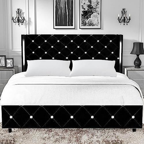 4 EVER WINNER Queen Size Bed Frame with Headboard, Black Velvet Bed Frame Queen with Diamond Headboard and Wingback, Solid Wood Slats Support/Easy Assembly/No Box Spring Needed, Queen Size Bed Frames