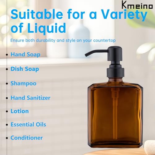 Image of Amber Glass Soap Dispenser Rectangular, Black Pump, 13.5 oz | Rust Proof Stainless Steel Pump, Refillable, Hand Soap, Liquild Soap, Dish Soap