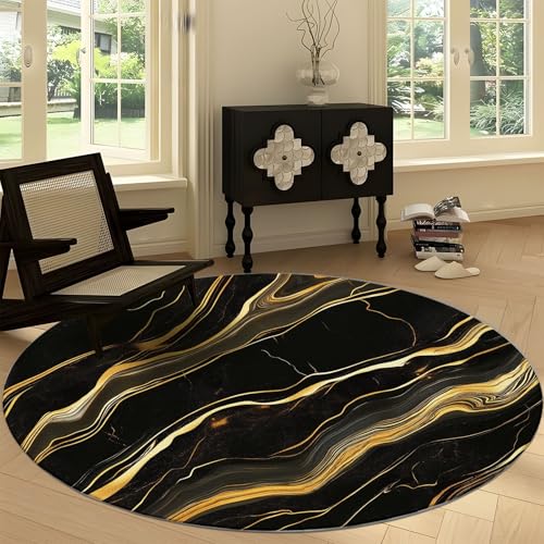 Tapete redondo 4 ft negro oro mármol bajo pelo miniatura 1