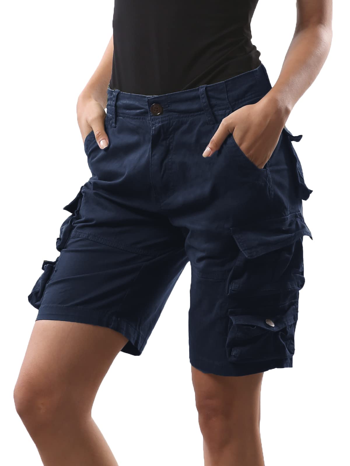 FOURSTEEDS Women's Cotton Military Tactical Multi-Pocket Outdoor Hiking Camping Working Bermuda Cargo Shorts Navy Blue US 6