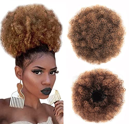 Chennie Afro Puff Drawstring Ponytail Brown Short Afro Kinky Curly Hair Bun Ponytail Extension Synthetic Hair Pieces for Women and Girls