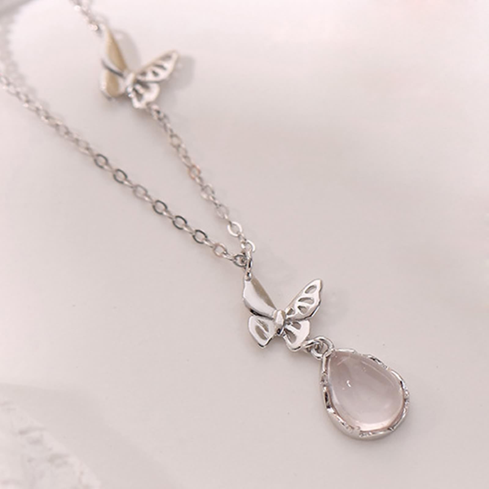 KnSam Au 375/585/750 Weiß Gold Halskette für Damen Echt Goldschmuck, Schmetterling Tropfen Damenkette Anhänger mit Mondstein (Tropfenschliff Transparent), Kette Frauen Weißgold 9K/14K/18K, 40+5CM