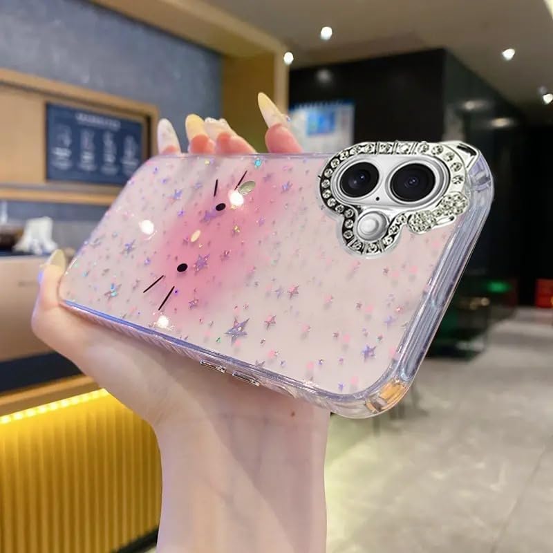 Image of mobistyle Designed for iPhone 16 Plus | Sparkling Cat Pattern Camera Protection Back Cover Case for Women Girls | iPhone 16 Plus Case (Pink)