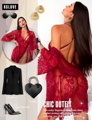 Foto de RSLOVE Conjunto de lencería sexy para mujer, 2 piezas, bata de kimono de encaje con lencería de peluche de encaje, body sexy (imagen 6)