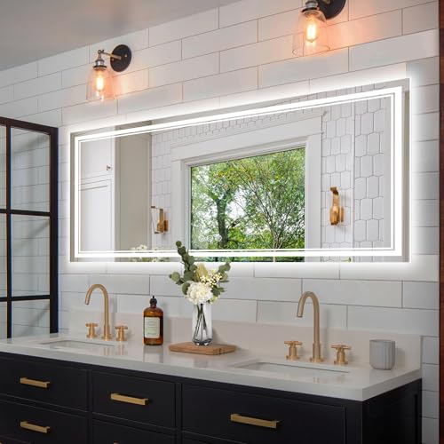 Image of 72x32 Inch Led Mirror for Bathroom with Front Light and Backlit, Bathroom Mirror with Led Lights, Vanity Mirror with Lights for Wall, Anti-Fog, Dimmable, Memory Function, Tempered Glass