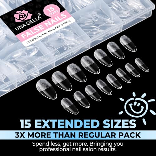 Image of UNA GELLA Gel Nail Tips Almond Shape Medium Pre-etched 450PCS 15 Sizes