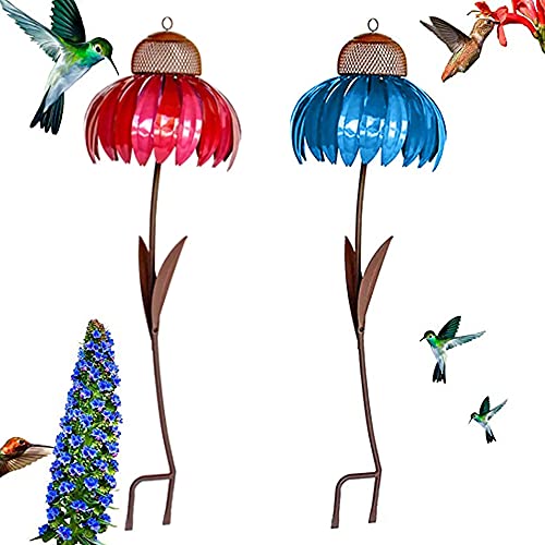 Sensation Pink coneflower Bird Feeder,Standing Bird Feeder,Anti-Squirrel Bird Feeder,Outside Rust Resistant Garden Art Metal Birdfeeder with Stand (Red+Blue)