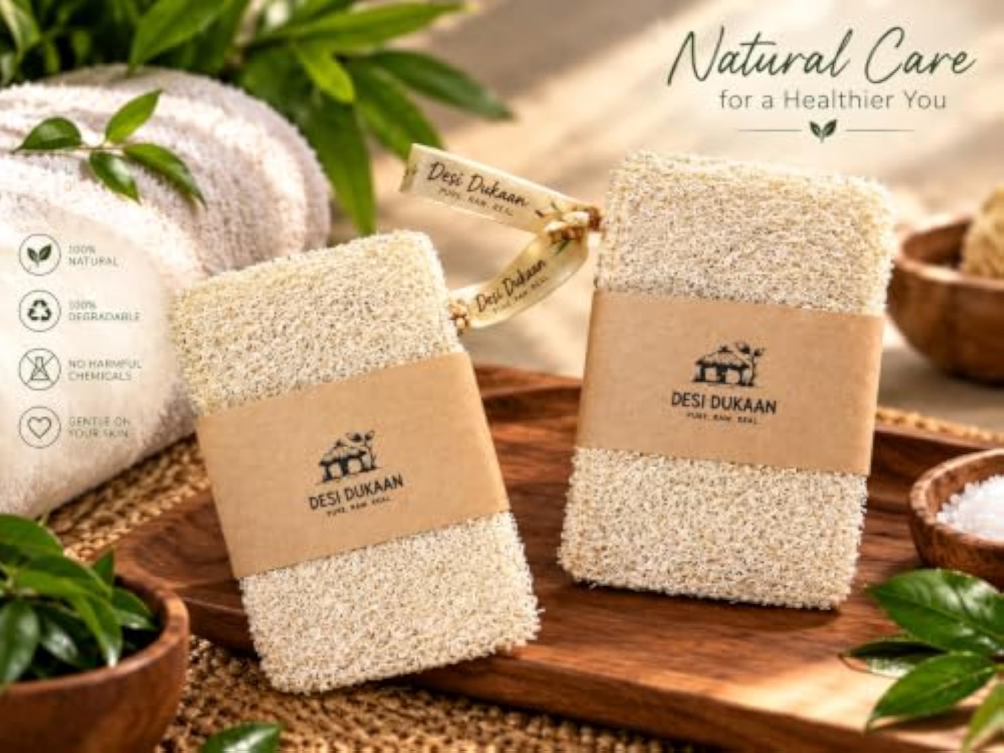 Natural Sun Dried Bath Loofah, Body Sponge & Scrubber Pack of 2