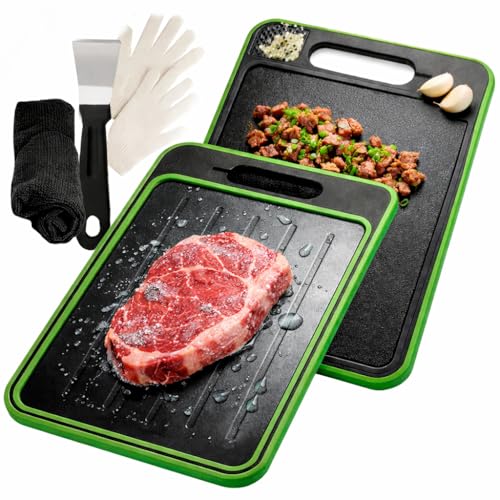 4-in-1 Defrosting Tray for Frozen Meat - Includes Safety Gloves, Spatula & Cleaning Cloth - Thawing Plate with Built-in Knife Refiner, Garlic Grater & Cutting Board - Non-Slip & Dishwasher Safe