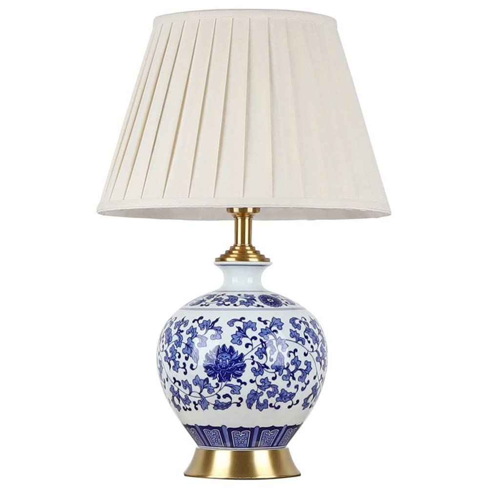 SGKOMN 22.4" Blue And White Ceramic/Metal Table Lamps Desk Lamp With Drum Shade Decor Jingdezhen Traditional Blue And White Bedside Nightstand Lamp Home Office-A