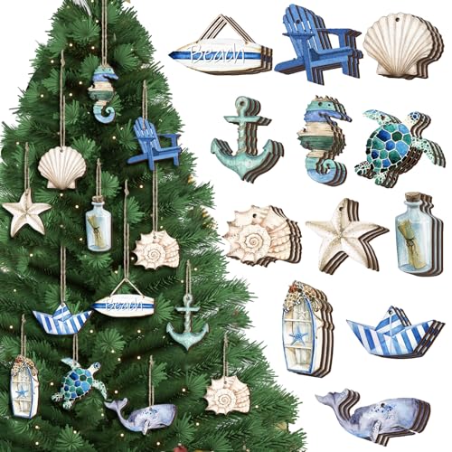Maitys 36 Pcs Beach Wood Ornaments Ocean Christmas Tree Decor, Beach