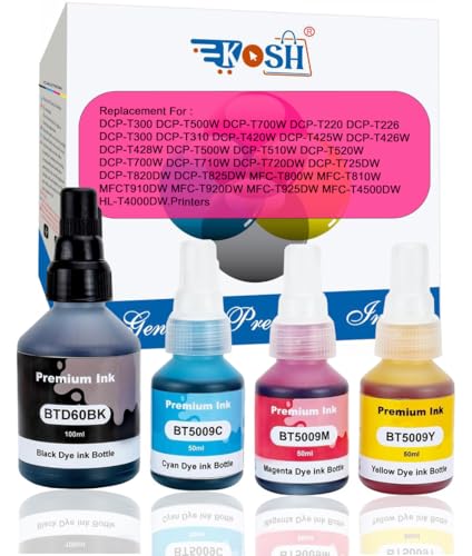 Image of KOSH BTD60 BT5000 Refill Ink Compatible for Brother DCP-T300 T310W T500W T520W T220 T700W T420W T425W T426W T428W T720DW T725DW T820DW T810W T910DW T920DW Printers (4, Black Cyan Magenta Yellow)
