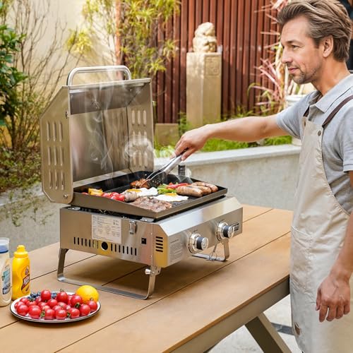 onlyfire Plancha Tischgasgrill 2-Brenner mit Deckel, Klappbaren Beinen, Keramische Lackbeschichtung Grillplatte, Grillfläche 45,8x36CM, Kompakt Tischgrill, Tragbarer Balkon-, Camping-Grill, 4,7 KW