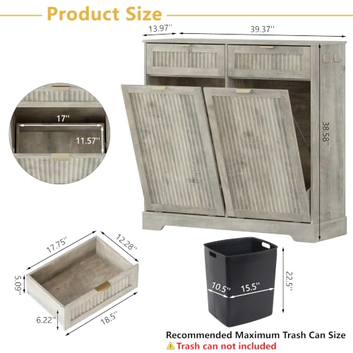 Image of Double 13 Gallon Tilt Out Trash Can Cabinet,Garbage Cabinet with Drawer | Hidden Garbage Storage with Fluted Design, Drawer & Hooks for Kitchen, Dining Room and Small Space Organization,Wood Grey