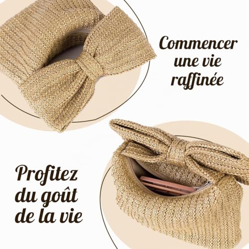 GMYIAK Sac à main de luxe en paille tissée avec nœud en noix de coco pour la plage, la plage, les fêtes d'été ou les mariages, doré, 24 x 14 x 6.5 cm – vue 4