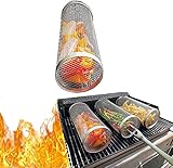 BBQ Rolling Grill Basket, Stainless Steel Wire Mesh Cylinder Grilling Basket, Portable Outdoor Campi