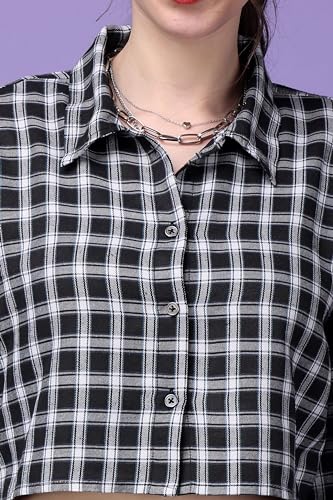 Image of POPWINGS Casual Pure Cotton Checks Crop Shirt for Women | Stylish Western Crop Shirt for Women | Full Sleeves Crop Shirt for Women