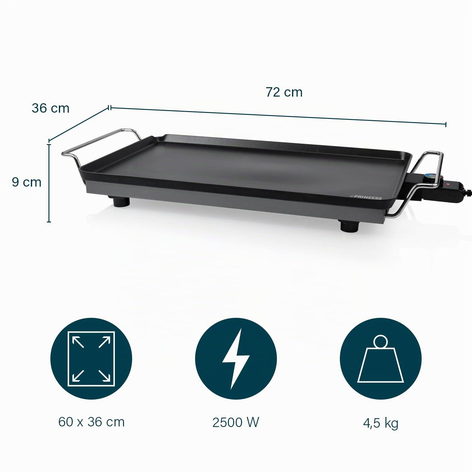 Princess Grill da Tavolo XXL 60 x 36 cm, 2500 W – Ampia superficie di cottura antiaderente, riscaldamento rapido, piastra elettrica facile da pulire, ideale per pasti in famiglia e feste