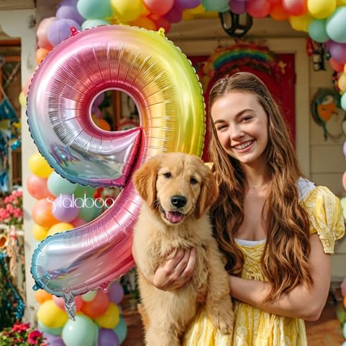 Image of Rainbow Gradient Number 9 Balloon 40 Inch Big Large Balloons 0-9 | 9th Helium Foil Mylar Number Balloons for Birthday Anniversary Party Decorations