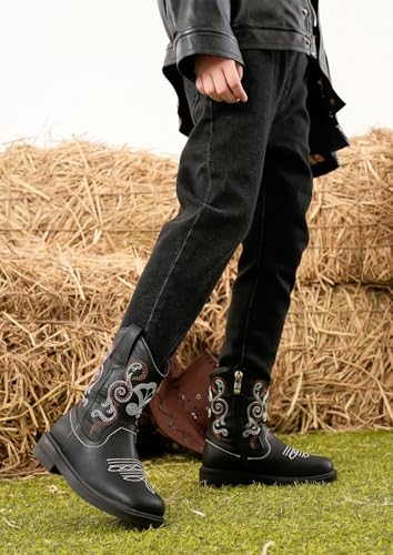 DADAWEN Toddler Little Boys Girls Cowboy Boots Kids Embroidered Western Cowgirl Boots Square Toe Mid Calf Riding Shoes3