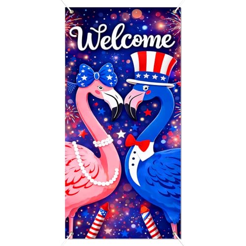 Image of BlissYard Patriotic Flamingo Door Cover 71x35 Inch 4th of July Welcome Door Decoration Red White Blue Flamingo Front Door Banner Independence Day Porch Door Cover July 4th Door Decorations Outdoor