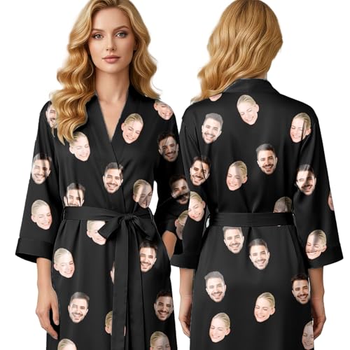 Générique Peignoir personnalisé avec photo, Robe satin imprimée visage ou animal, Cadeau femme, Enterrement de vie de jeune fille spa (Black)