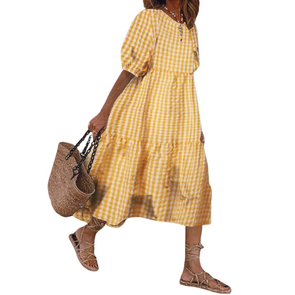 chouyatou Women's Retro Lantern Puff Sleeve Plaid Dress Gingham Swing Tiered Midi Long Dress
