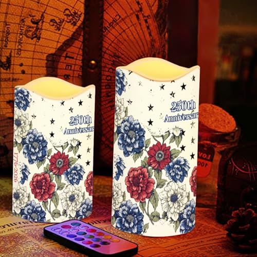 Image of 250th National Independence Day Battery Operated Candles Floral Print Fake Candle Remote Control 1776-2026 Flameless Candles Patriotic Decorations for Home, 4 Pack