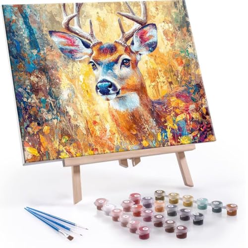 DIY 数字油絵 動物 鹿 Paint by Numbers 塗り絵 キット 大人 数字ぬりえ 子供の用数字塗り絵キャンバスクラフト数字 キャンバスアート ブラシとアクリル絵の具が入, インテリア リビング装飾, 女性へのギフト 60x80cm (フレーム