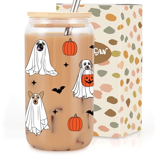 Coolife Funny Halloween Dog Ghost Cup, Cute Pumpkin Iced Coffee Tumbler, 16 oz Spooky Coffee Glass Cups w/Lids Straws, Boo Basket Stuffers Ideas, Halloween Gifts for Dog Lover, Mom, Women, Her Friend