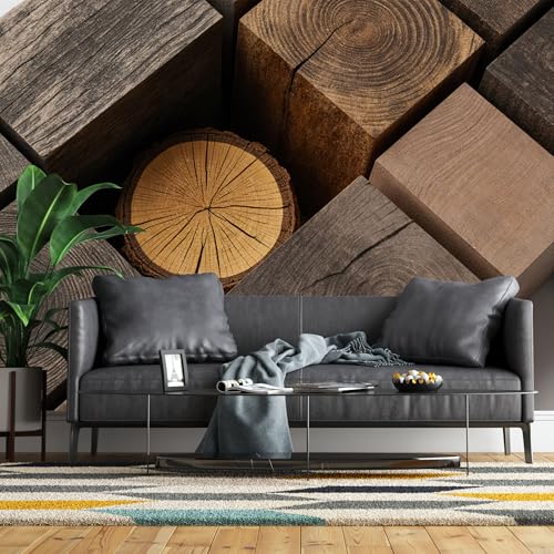 Mural de pared de tamaño personalizado, cubos de madera, tronco de árbol, sección transversal, anillos concéntricos, grietas, variedad de tonos de madera, texturas autoadhesivas, papel tapiz extraíble