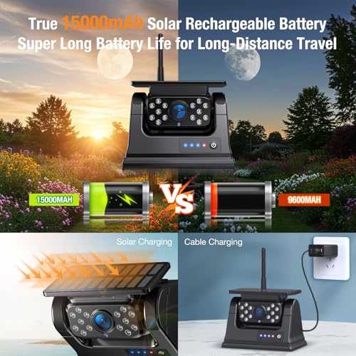 Image of 4 Magnetic Solar Wireless Backup Cameras 1080P 9 inchTouchscreen with DVR,328FT | 15,000mAh Rechargeable Battery,1-Min Install No Wiring,Clear Night Vision,Long Life,Loop Recording,for Truck Trailer SUV RV